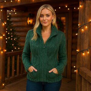 Anthropologie Sleeping on Snow Green Knit Wool Blend Zipup Jacket Cabin Cozy S